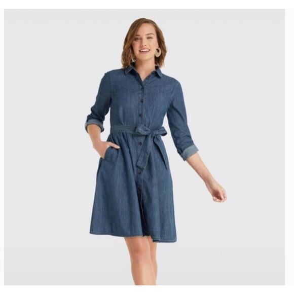 NWT Draper James Medium Blue Wash Chambray Shirt Dress Tie Belt & Tab Sleeves 0 - Picture 1 of 12